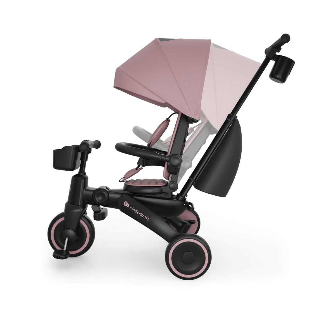 Triciclo evolutivo Kinderkraft JAZZ 3 rosa 6 en 1 con asiento giratorio 360° en modo marcha adelante, asiento reclinable.
