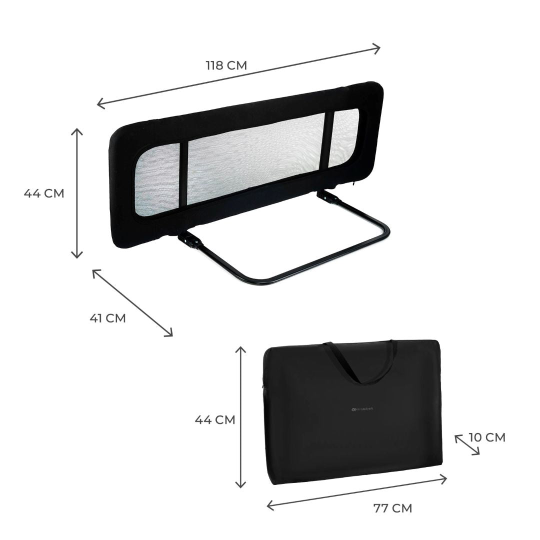 Barrera de cama Kinderkraft GUARD & DREAM negra con medidas: 118x44x41 cm desplegada. Bolsa de transporte incluida 77x44x10 cm