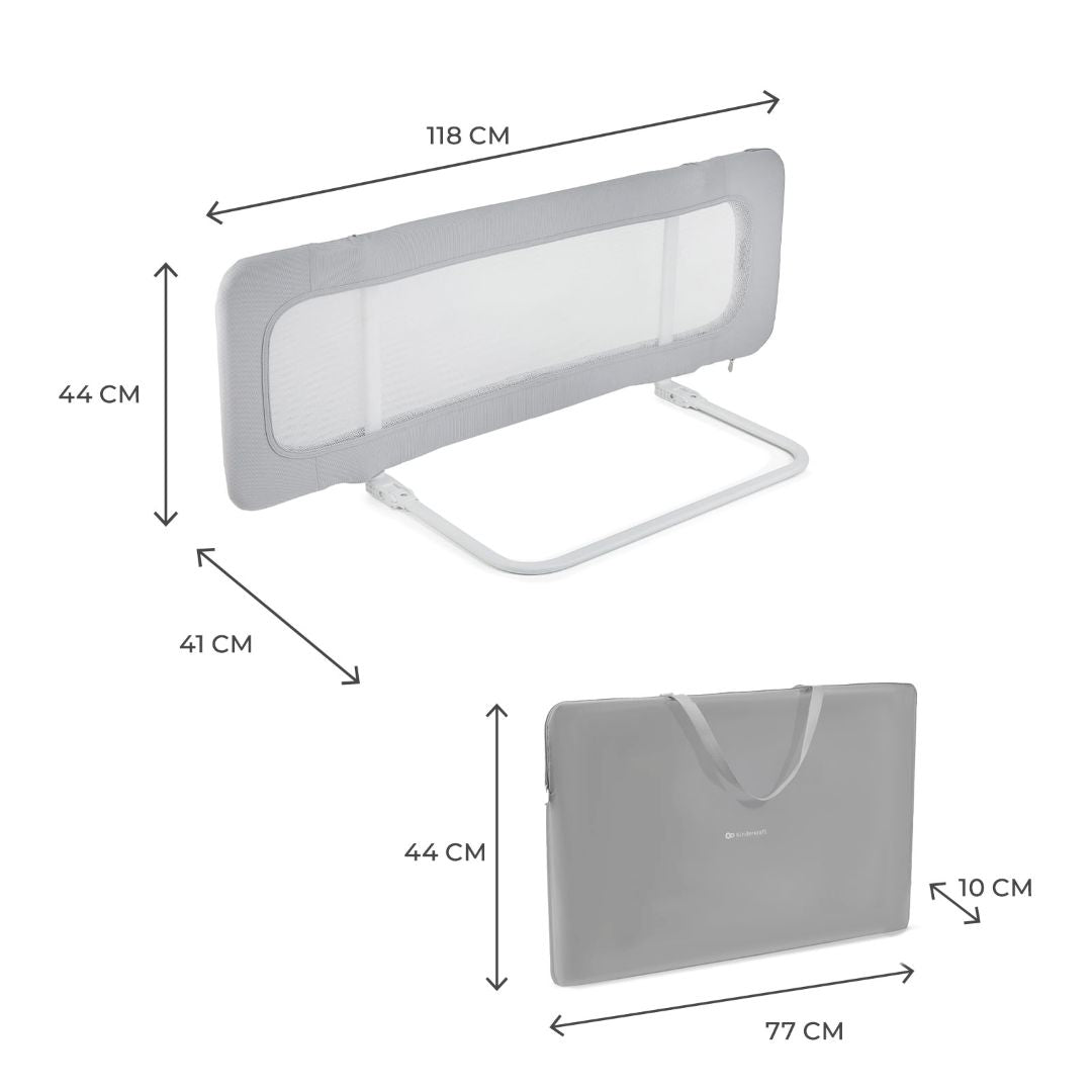 Barrera de cama Kinderkraft GUARD & DREAM gris con medidas: 118x44x41 cm desplegada. Bolsa de transporte incluida 77x44x10 cm