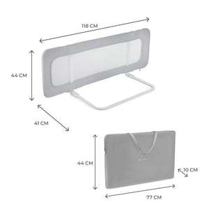 Barrera de cama Kinderkraft GUARD & DREAM gris con medidas: 118x44x41 cm desplegada. Bolsa de transporte incluida 77x44x10 cm