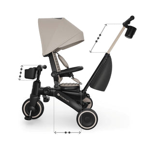 Triciclo evolutivo Kinderkraft JAZZ 3 beige 6 en 1 con asiento giratorio 360° en modo marcha atrás. Manillar parental, asiento, reposapiés y volante niño ajustables.