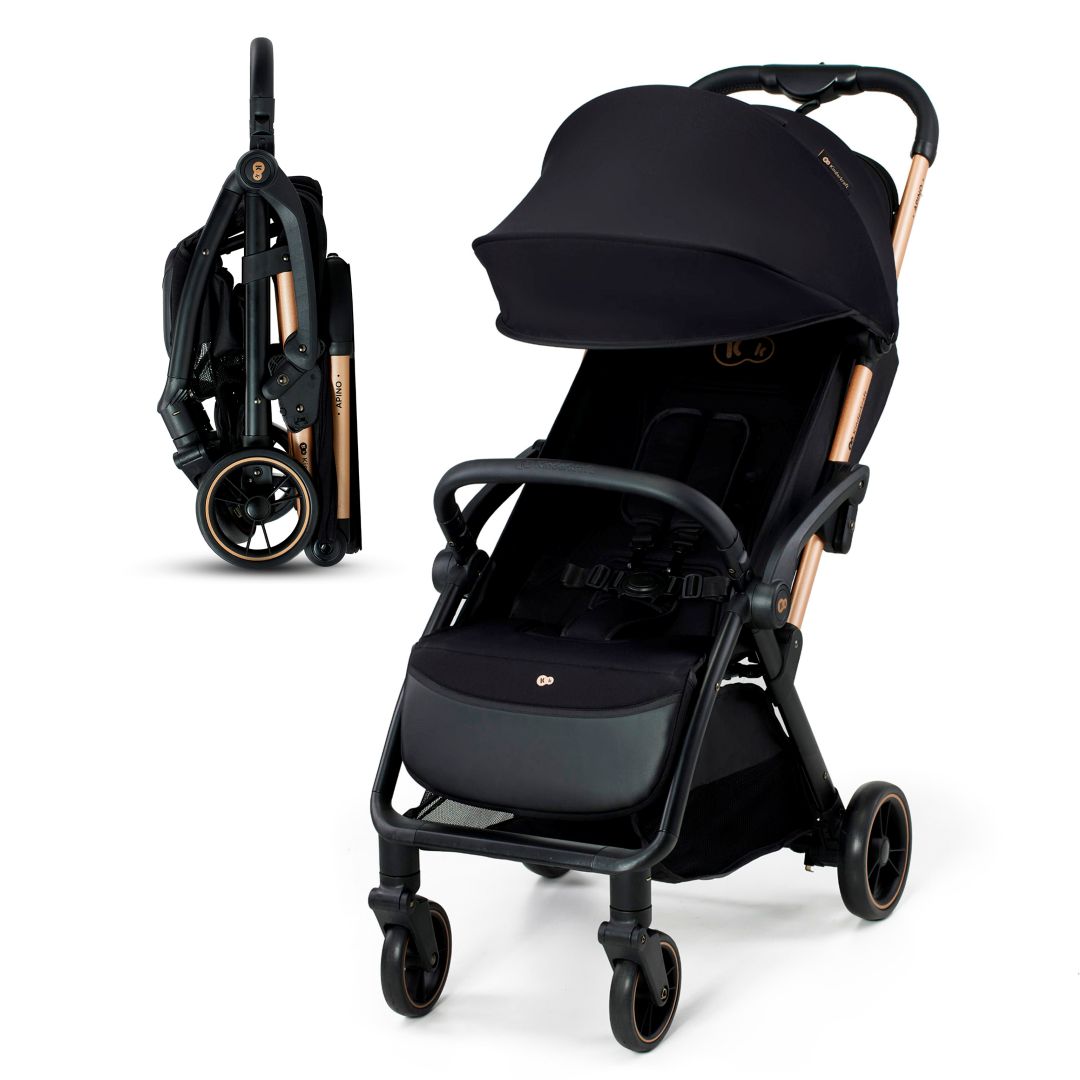 Coche de paseo Kinderkraft APINO negro vista frontal en perspectiva con capota amplia, arnés 5 puntos y ruedas antipinchazos doradas