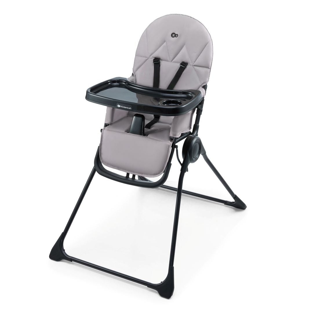 Silla de comer compacta Kinderkraft BINCI gris con bandeja ajustable, portavasos y arnés de 5 puntos