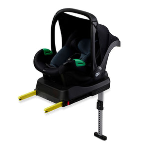 Silla nido Kinderkraft MINK PRO i-Size instalada sobre base ISOFIX MINK FX con conectores amarillos y pata de apoyo, vista frontal