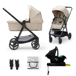 Set completo Kinderkraft Travel System NEWLY 4 en 1 negro: moisés, silla, silla nido MINK PRO i-Size con base ISOFIX MINK FX, adaptadores y protector lluvia