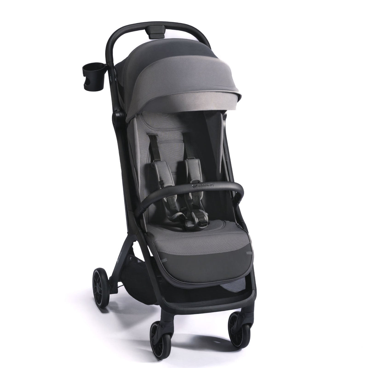 Coche de paseo Kinderkraft NUBI 2 gris vista frontal con arnés 5 puntos, capota UPF50+, barrera protectora y portavasos incluido