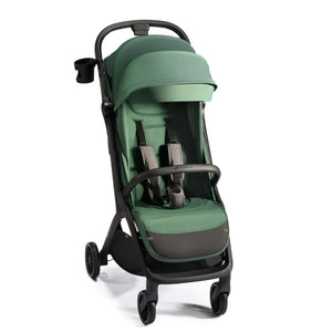 Coche de paseo Kinderkraft NUBI 2 verde vista frontal con arnés 5 puntos, capota UPF50+, barrera protectora y portavasos incluido