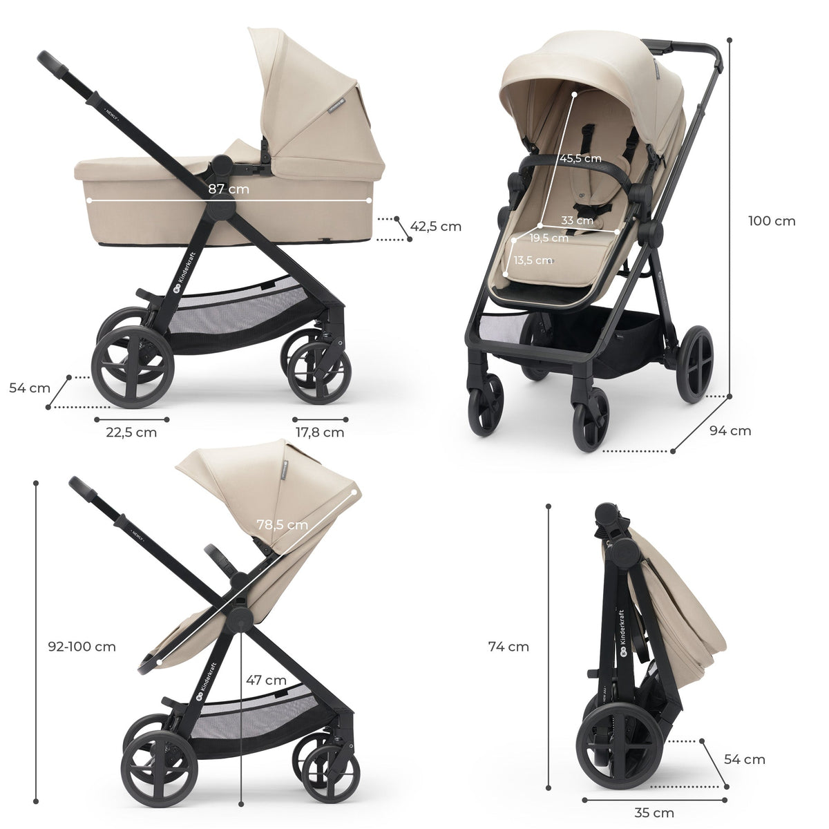 Dimensiones del coche Kinderkraft NEWLY 3 en 1 en modo moisés, silla, reclinado y plegado: alto 100 cm, largo 94 cm, plegado 74 cm