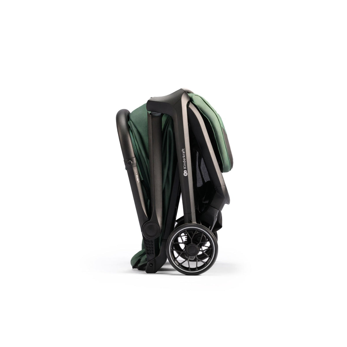 Coche de paseo Kinderkraft NUBI 2 verde plegado de forma compacta con plegado automático, ideal para viajes y transporte
