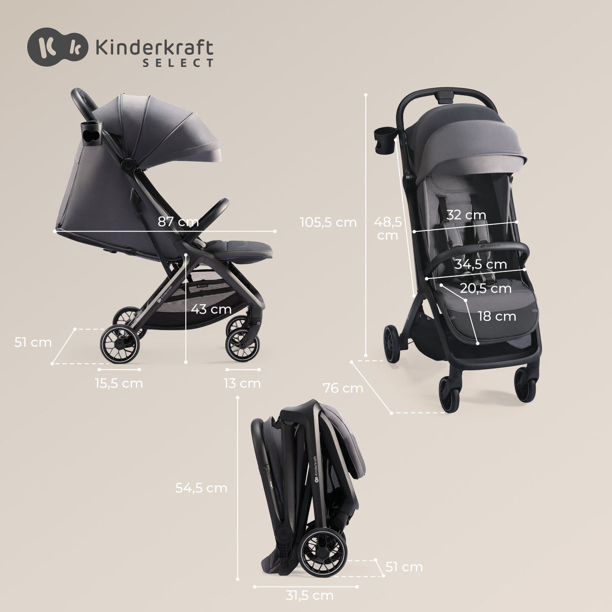 Dimensiones coche de paseo Kinderkraft NUBI 2: desplegado 105,5 cm de alto y 87 cm de largo, plegado 54,5 cm de alto y 31,5 cm de ancho