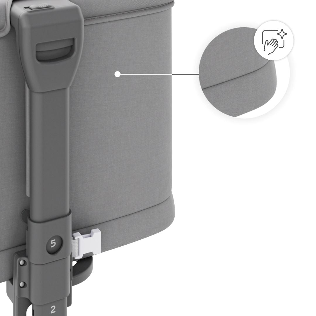 Cuna 3 en 1 NESTE GROW 2 de Kinderkraft gris: cuna colecho para bebé, cuna y cuna para niños mayores. Ajustable en 5 niveles de altura y 2 de inclinación, plegable y resistente, con 2 ruedas con bloqueo. De RN a 2 años. Vista detalle de la tela fácil de limpiar.