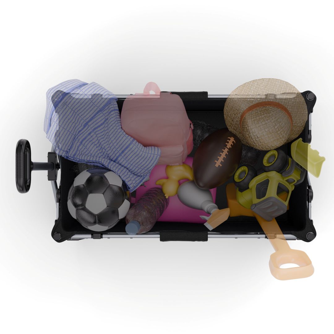 Vista superior del carrito Kinderkraft ROLLSTER cargado con juguetes, pelotas y accesorios, mostrando su gran capacidad de 130 litros y 100 kg