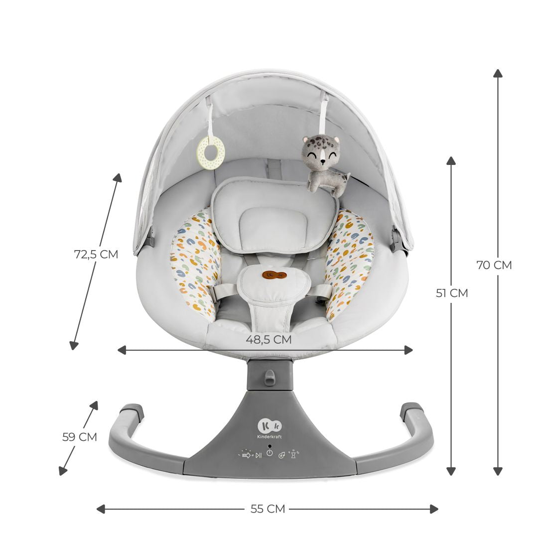 Mecedora eléctrica Kinderkraft LUMI 2 gris claro con medidas: 55 cm de ancho, 70 cm de alto total, asiento 48,5 cm de ancho y 51 cm de alto, profundidad 59 cm