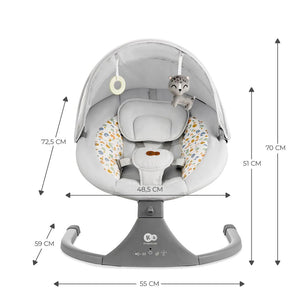 Mecedora eléctrica Kinderkraft LUMI 2 gris claro con medidas: 55 cm de ancho, 70 cm de alto total, asiento 48,5 cm de ancho y 51 cm de alto, profundidad 59 cm