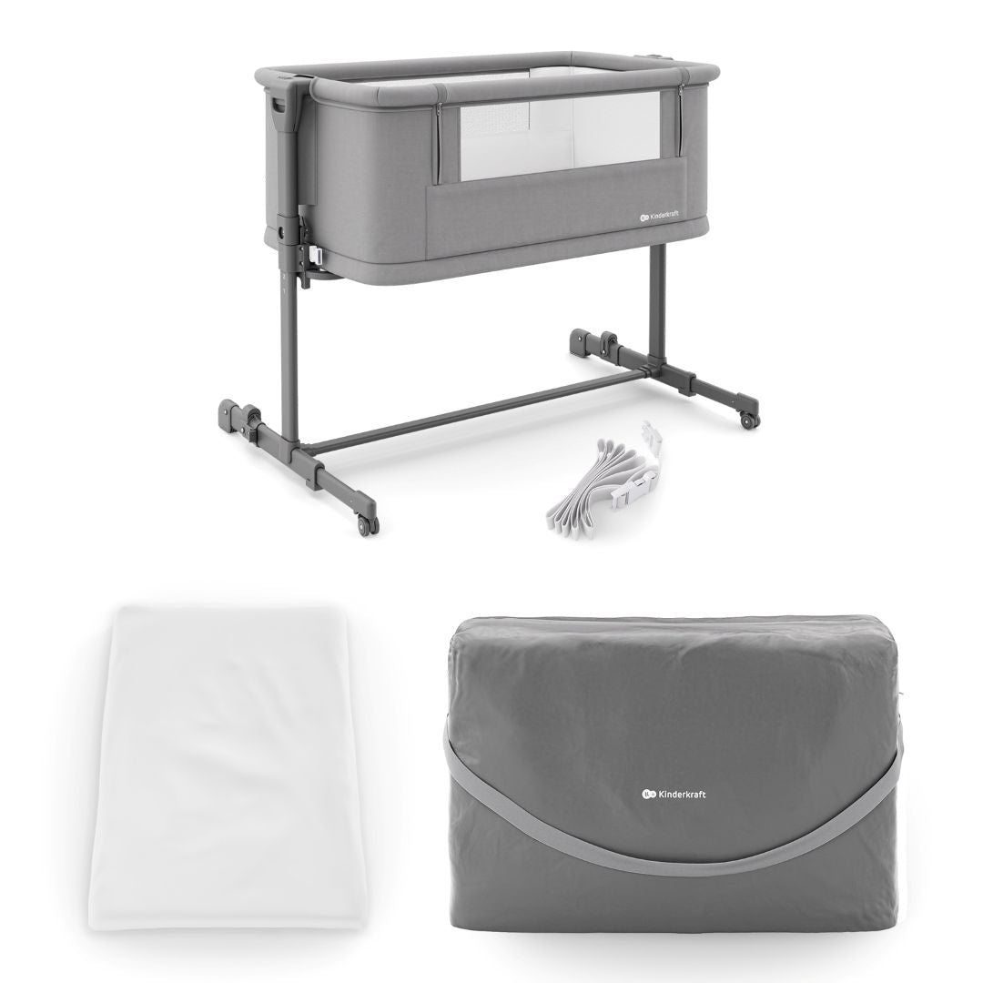 Cuna 3 en 1 NESTE GROW 2 de Kinderkraft gris: cuna colecho para bebé, cuna y cuna para niños mayores. Ajustable en 5 niveles de altura y 2 de inclinación, plegable y resistente, con 2 ruedas con bloqueo. De RN a 2 años. Vista lateral con bolso de transporte, correas y colchón.