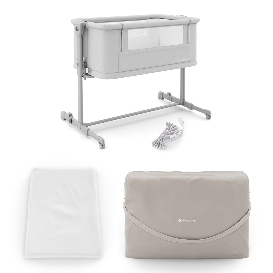 Cuna 3 en 1 NESTE GROW 2 de Kinderkraft gris claro: cuna colecho para bebé, cuna y cuna para niños mayores. Ajustable en 5 niveles de altura y 2 de inclinación, plegable y resistente, con 2 ruedas con bloqueo. De RN a 2 años. Vista lateral con bolso de transporte, correas y colchón.