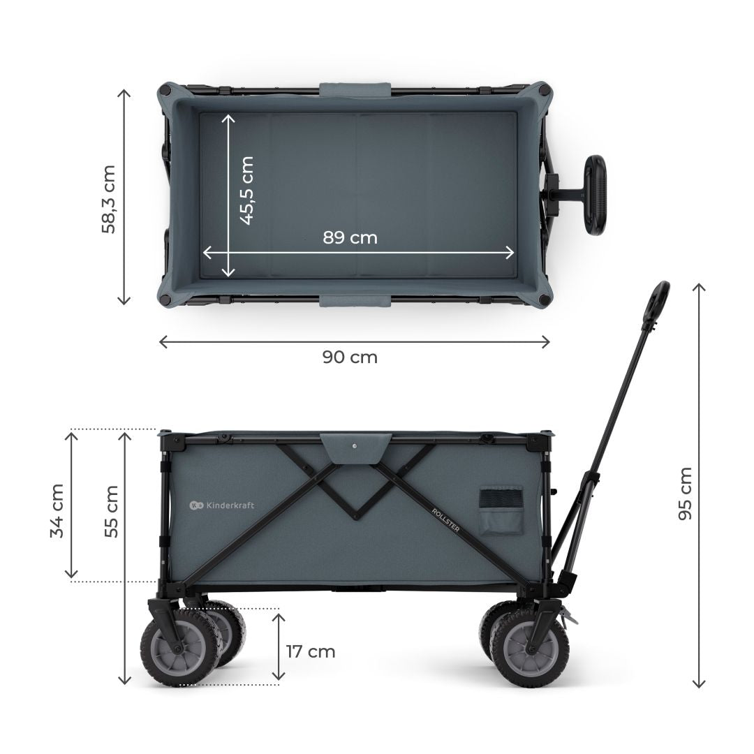 Dimensiones del carrito Kinderkraft ROLLSTER: 90 cm de largo, 58,3 cm de ancho, 55 cm de alto interior y ruedas de 17 cm de diámetro