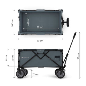 Dimensiones del carrito Kinderkraft ROLLSTER: 90 cm de largo, 58,3 cm de ancho, 55 cm de alto interior y ruedas de 17 cm de diámetro