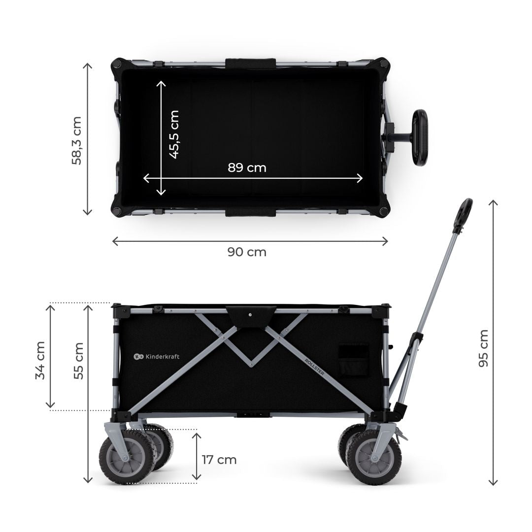 Dimensiones del carrito Kinderkraft ROLLSTER: 90 cm de largo, 58,3 cm de ancho, 55 cm de alto interior y ruedas de 17 cm de diámetro