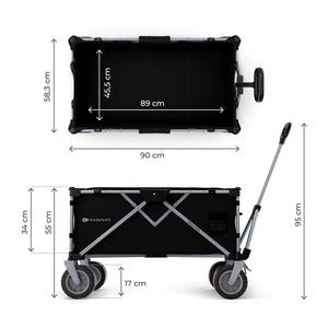 Dimensiones del carrito Kinderkraft ROLLSTER: 90 cm de largo, 58,3 cm de ancho, 55 cm de alto interior y ruedas de 17 cm de diámetro