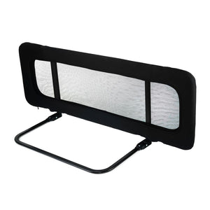 Barrera de cama bebé Kinderkraft GUARD & DREAM negra vista en ángulo, malla transpirable, estructura metálica en U y bordes acolchados redondeados
