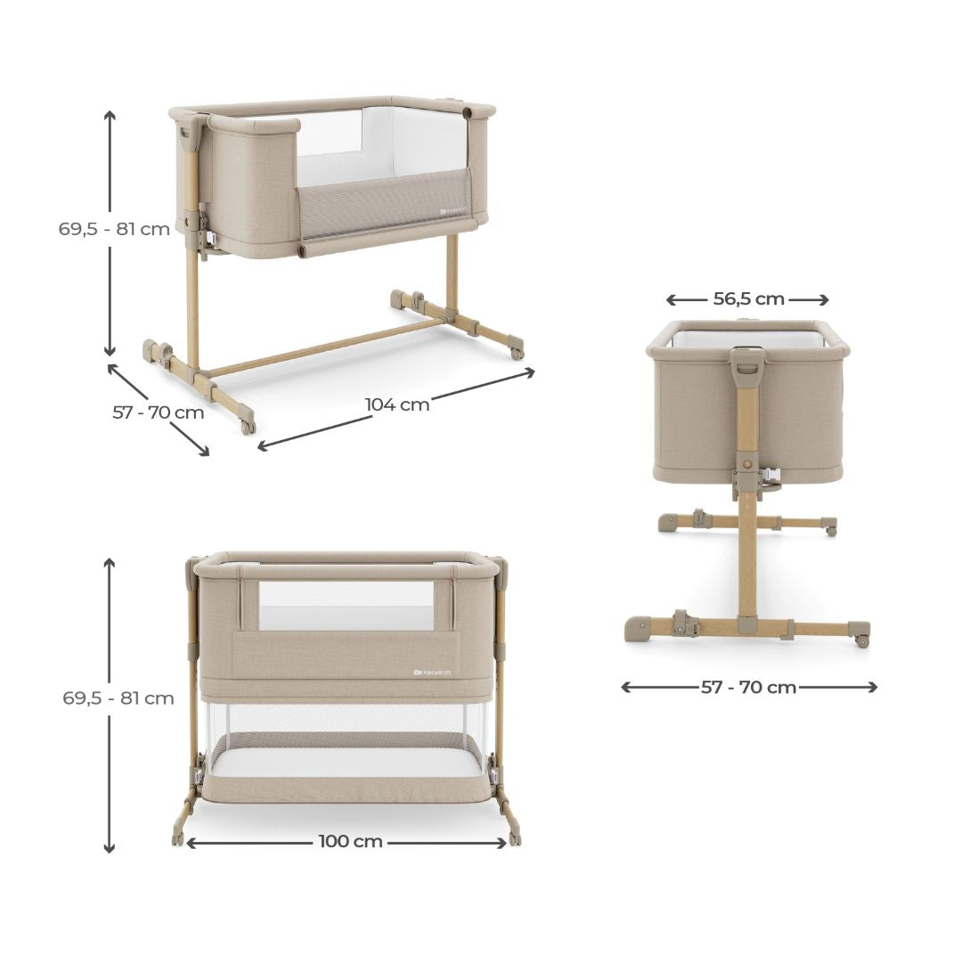 Cuna 3 en 1 NESTE GROW 2 de Kinderkraft beige: cuna colecho para bebé, cuna y cuna para niños mayores. Ajustable en 5 niveles de altura y 2 de inclinación, plegable y resistente, con 2 ruedas con bloqueo. De RN a 2 años. Diferentes vistas con  medidas.