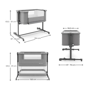 Cuna 3 en 1 NESTE GROW 2 de Kinderkraft gris: cuna colecho para bebé, cuna y cuna para niños mayores. Ajustable en 5 niveles de altura y 2 de inclinación, plegable y resistente, con 2 ruedas con bloqueo. De RN a 2 años. Diferentes vistas con medidas.
