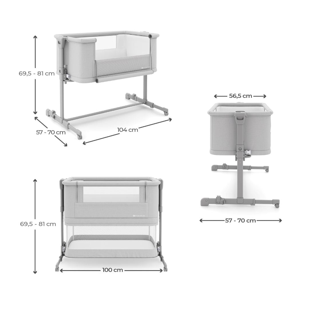 Cuna 3 en 1 NESTE GROW 2 de Kinderkraft gris claro: cuna colecho para bebé, cuna y cuna para niños mayores. Ajustable en 5 niveles de altura y 2 de inclinación, plegable y resistente, con 2 ruedas con bloqueo. De RN a 2 años. Diferentes vistas con  medidas.