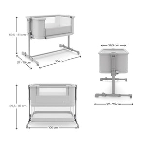 Cuna 3 en 1 NESTE GROW 2 de Kinderkraft gris claro: cuna colecho para bebé, cuna y cuna para niños mayores. Ajustable en 5 niveles de altura y 2 de inclinación, plegable y resistente, con 2 ruedas con bloqueo. De RN a 2 años. Diferentes vistas con  medidas.
