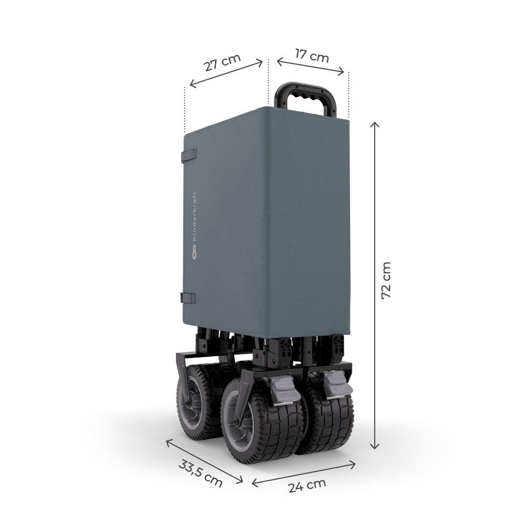 Carrito Kinderkraft ROLLSTER plegado con medidas: 72 cm de alto, 33,5 cm de largo y 27 cm de ancho, compacto para guardar y transportar