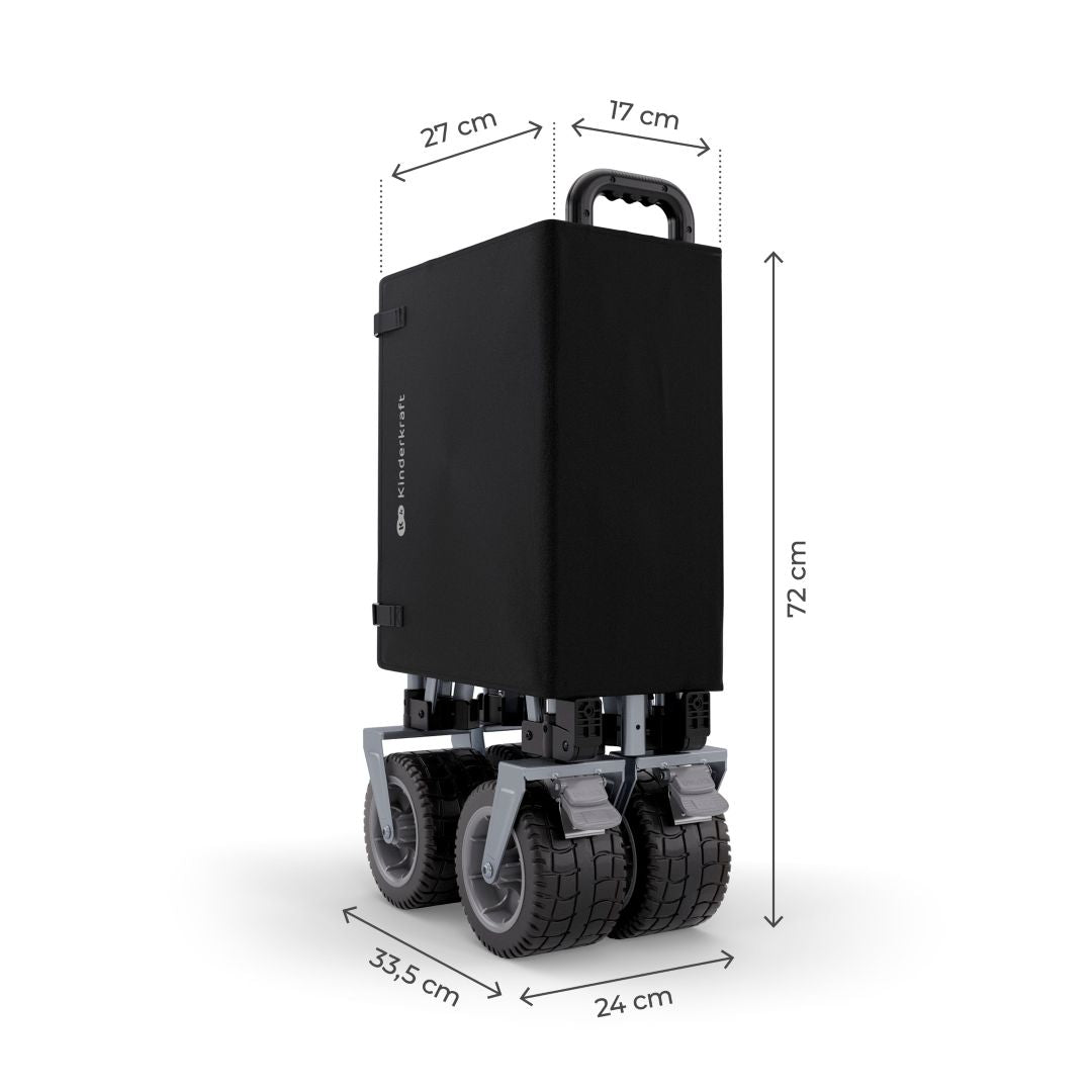 Carrito Kinderkraft ROLLSTER plegado con medidas: 72 cm de alto, 33,5 cm de largo y 27 cm de ancho, compacto para guardar y transportar