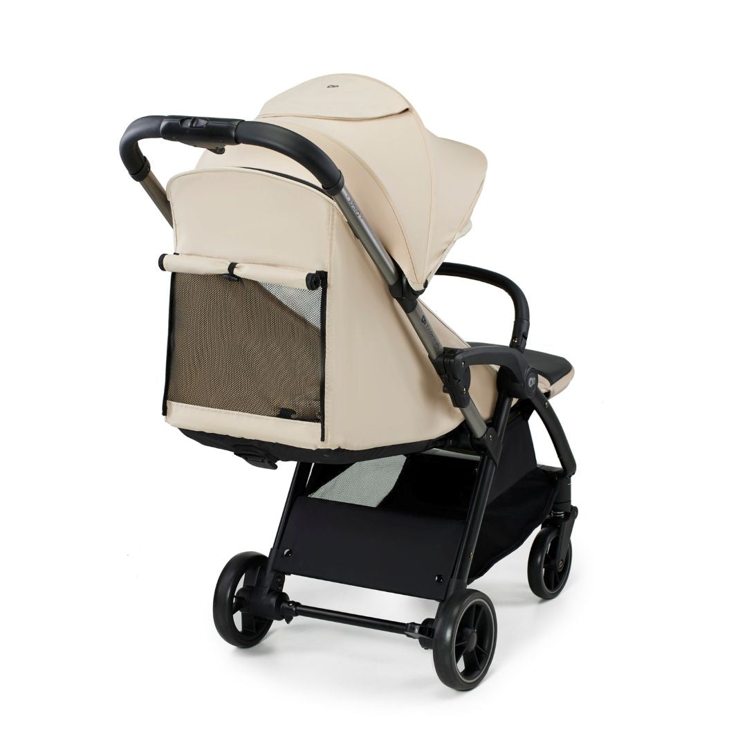 Coche de paseo Kinderkraft APINO  beige vista trasera con bolsillo de almacenamiento trasero, respaldo ajustable y cesta inferior