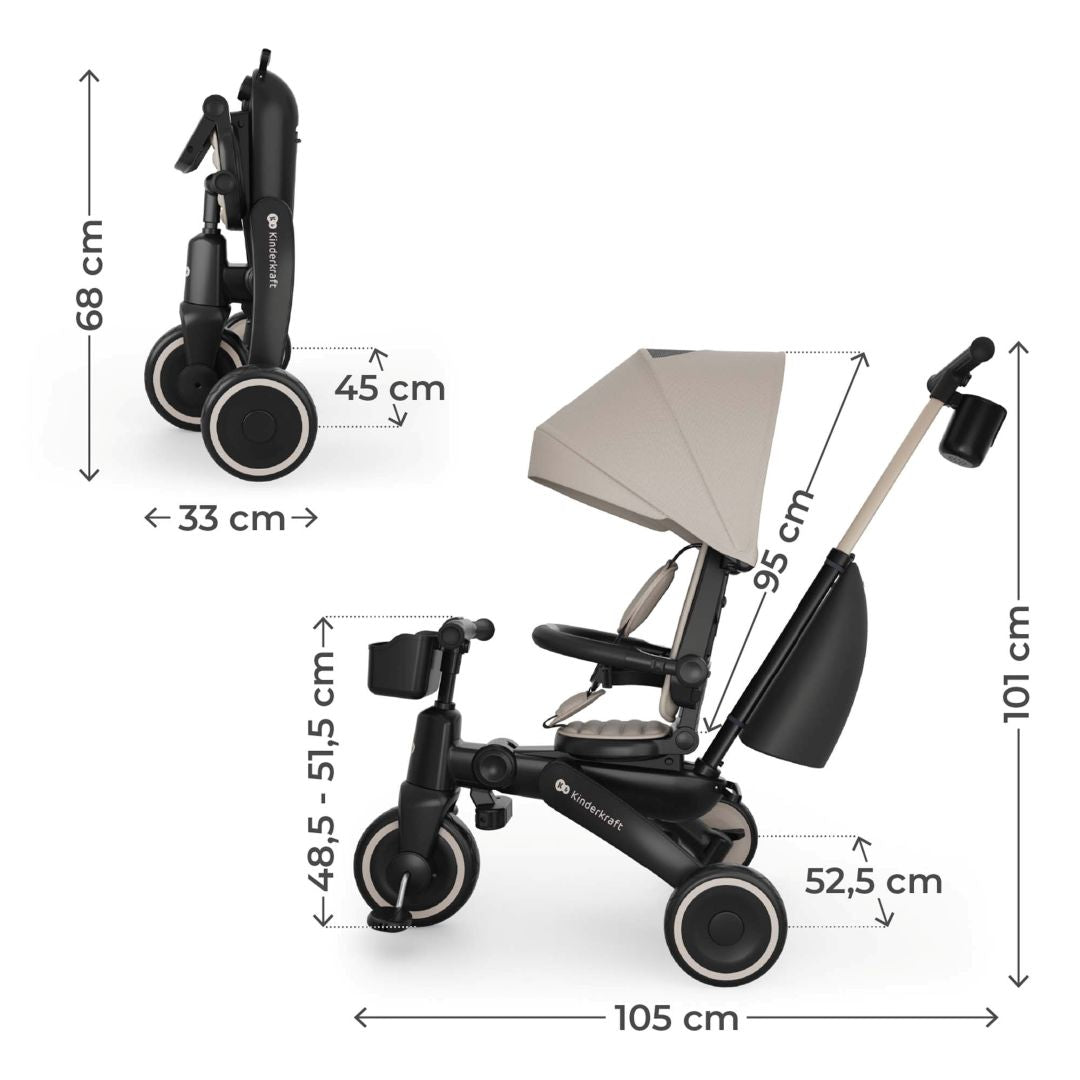 Medidas del triciclo evolutivo Kinderkraft JAZZ 3 beige 6 en 1 en modo bicicleta de equilibrio plegado, y en modo triciclo. Vista lateral.