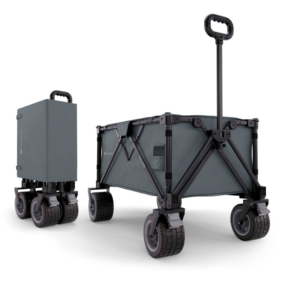 Carrito plegable Kinderkraft ROLLSTER en versión desplegada y plegada compacta, sistema de plegado rápido en un solo movimiento