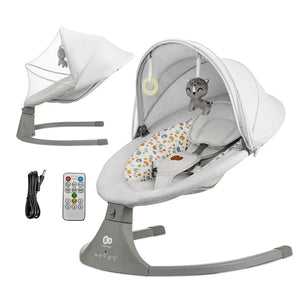 Mecedora eléctrica Kinderkraft LUMI 2 gris claro con todos los accesorios incluidos: mosquitera, mando a distancia y cable de alimentación