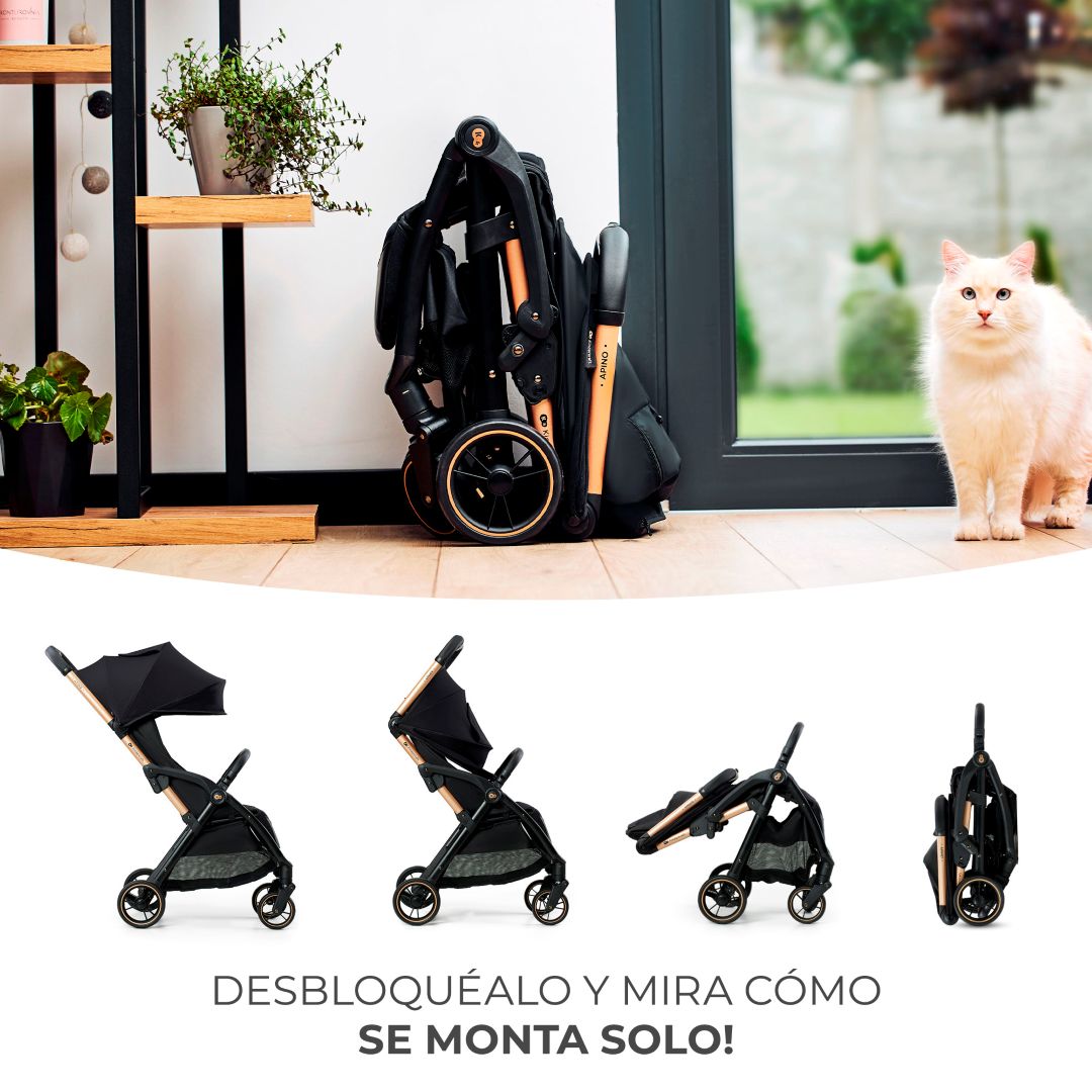 Coche de paseo Kinderkraft APINO negro plegado compacto con sistema AUTO FOLDING en 4 pasos, ideal para guardar en casa o llevar de viaje