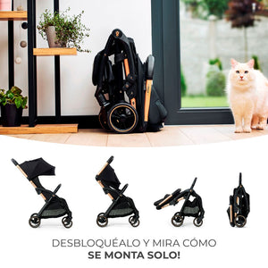 Coche de paseo Kinderkraft APINO negro plegado compacto con sistema AUTO FOLDING en 4 pasos, ideal para guardar en casa o llevar de viaje