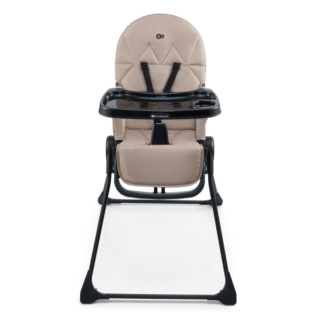 Vista frontal silla de comer bebé Kinderkraft BINCI beige con bandeja con portavasos y arnés de seguridad de 5 puntos
