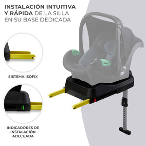 Silla nido Kinderkraft MINK PRO sobre base ISOFIX MINK FX con conectores amarillos e indicadores visuales de instalación correcta