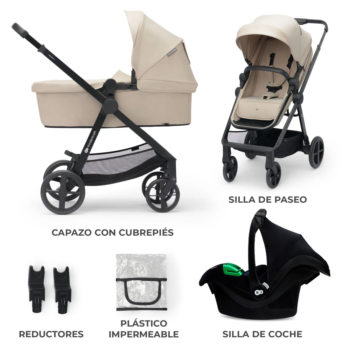 Set completo coche Travel System Kinderkraft NEWLY 3 en 1: moisés, silla, silla auto nido MINK PRO i-Size, adaptadores y protector lluvia