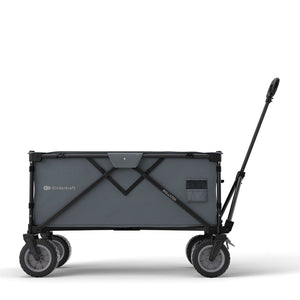 Carrito de transporte Kinderkraft ROLLSTER gris vista lateral con asa telescópica ajustable en altura, bolsillo de malla y ruedas 360°