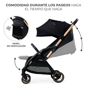Coche de paseo Kinderkraft APINO negro con capota grande extensible y panel de ventilación trasero para paseos cómodos en cualquier clima