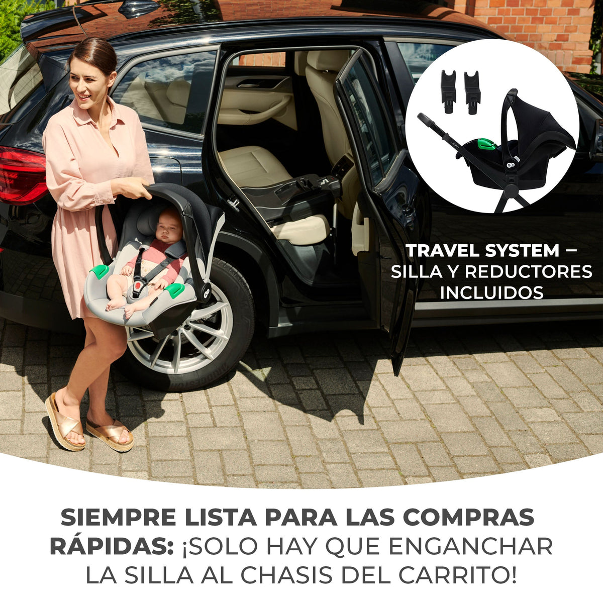 Mamá retirando silla nido Kinderkraft MINK PRO del auto para usar como travel system con coche NEWLY 3 en 1, adaptadores universales incluidos