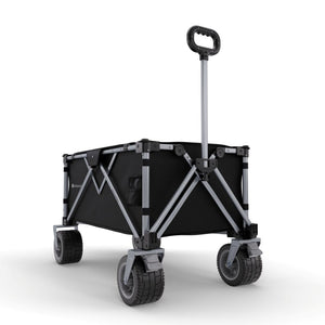 Carrito plegable Kinderkraft ROLLSTER negro vista trasera en perspectiva, estructura reforzada con ruedas grandes todoterreno y frenos