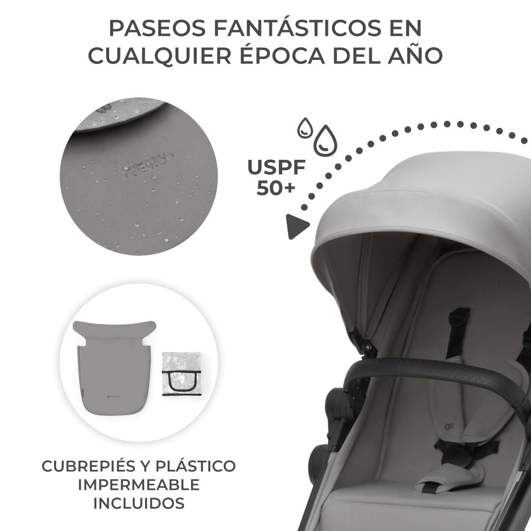 Coche de paseo Kinderkraft NEWLY con capota UPF50+ impermeable, cubrepiés y protector lluvia incluidos para paseos en cualquier época del año