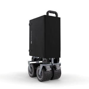 Carrito Kinderkraft ROLLSTER plegado de forma compacta vista frontal, con ruedas todoterreno y frenos, fácil de guardar y transportar