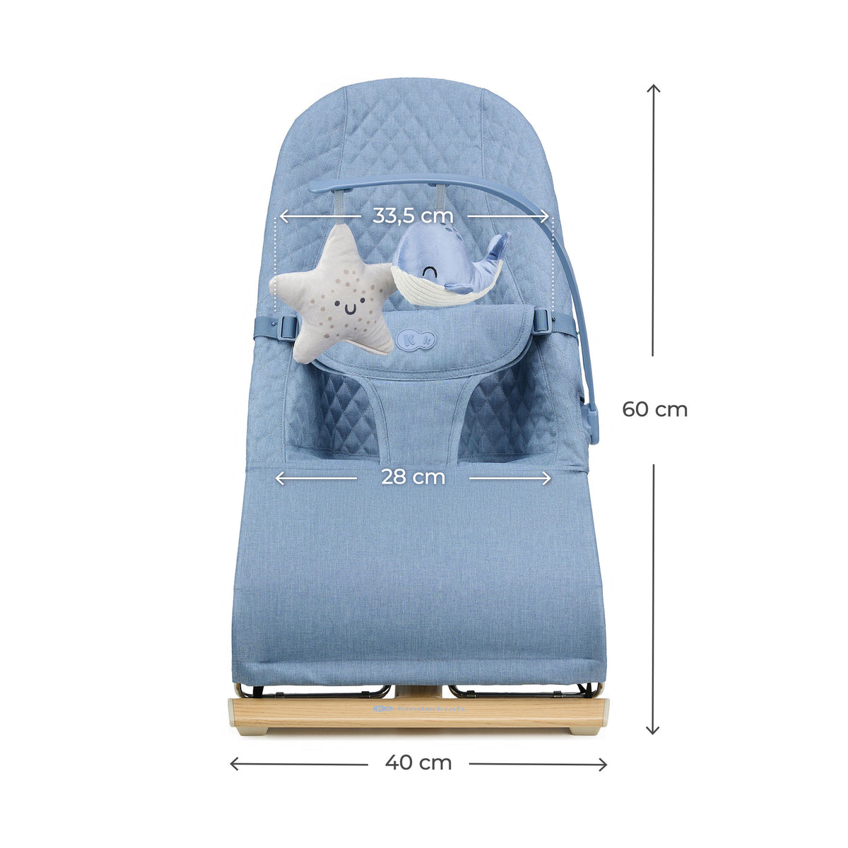 Hamaca bebé Kinderkraft MIMI Nordic Breeze con medidas: 40 cm base, 60 cm alto, asiento 28 cm ancho y arco 33,5 cm, arco con juguetes estrella y ballena incluidos
