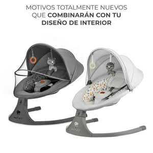 Mecedora eléctrica bebé Kinderkraft LUMI 2 disponible en gris oscuro y gris claro, diseño moderno que combina con cualquier decoración de interior