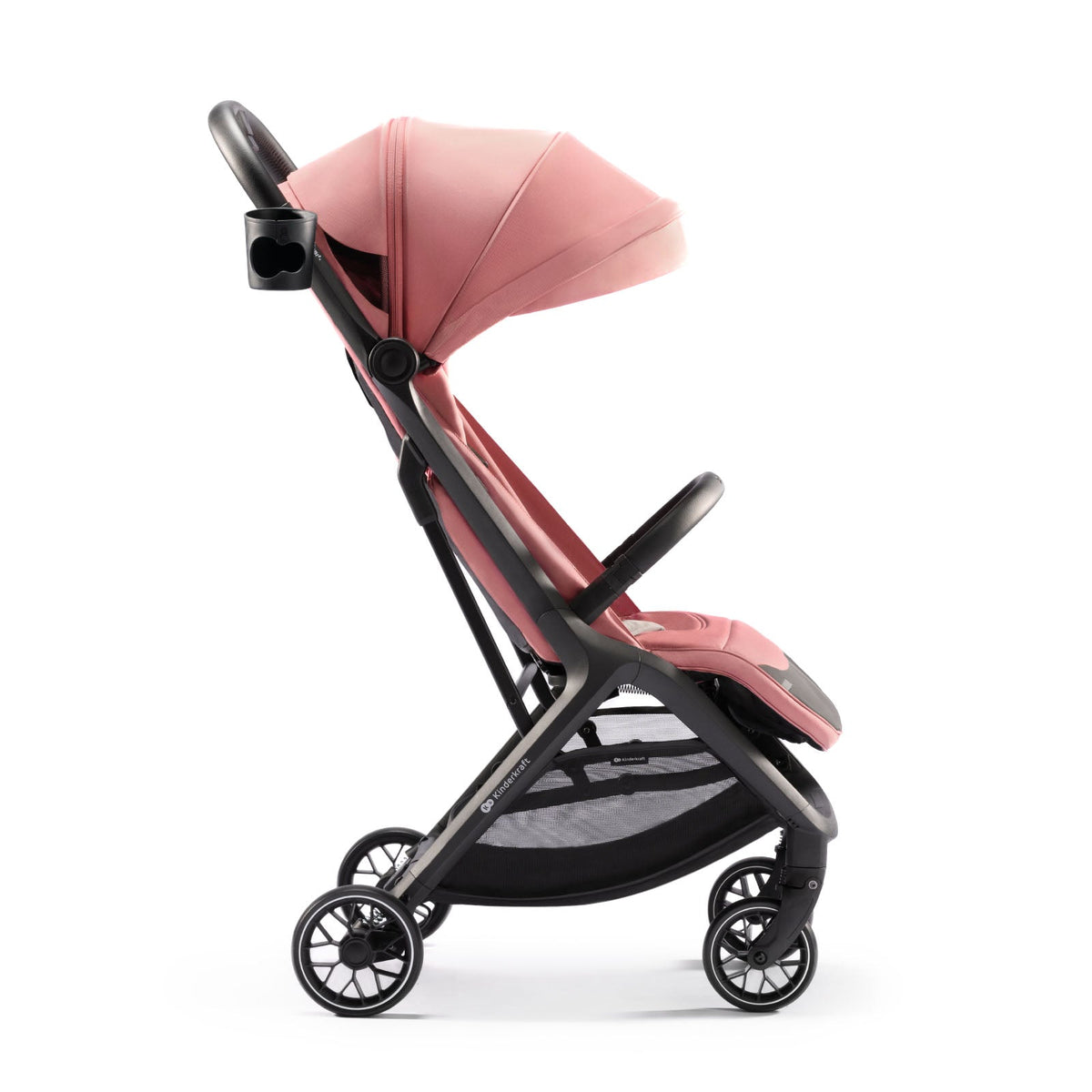Coche de paseo Kinderkraft NUBI 2 rosa en posición sentada, vista lateral con capota impermeable UPF50+, portavasos y ruedas PU 360°