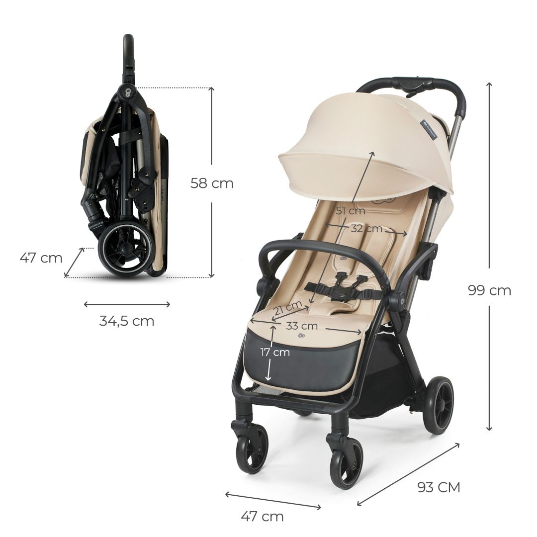 Dimensiones del coche Kinderkraft APINO: desplegado 99 cm de alto y 93 cm de largo, plegado 58 cm de alto y 34,5 cm de ancho